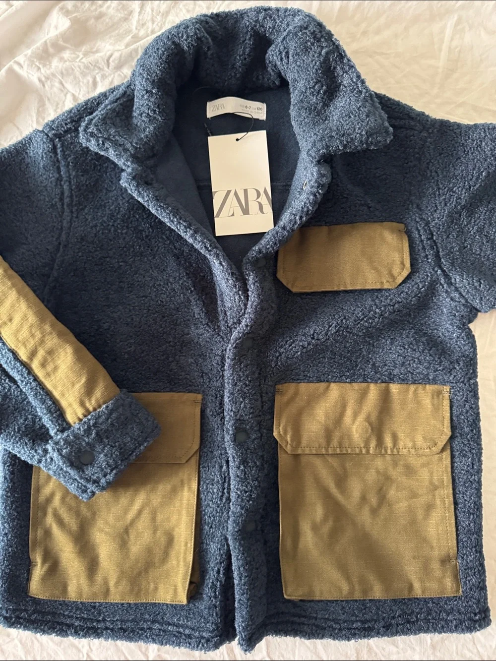ZARA Kids Navy Sherpa Jacket with Contrast Tan Pockets NWT size 6-7